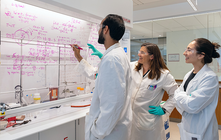 Professor Amelia Lab with two students in the lab image link to story