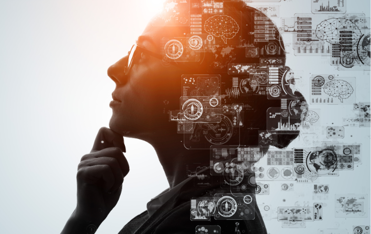 A woman in profile with graphic images representing technology, mathematics, etc. overlaid