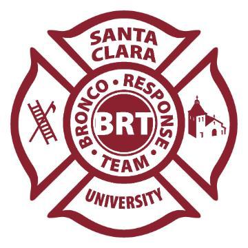Santa Clara University Bronco Response Team (BRT) logo with symbols and text.