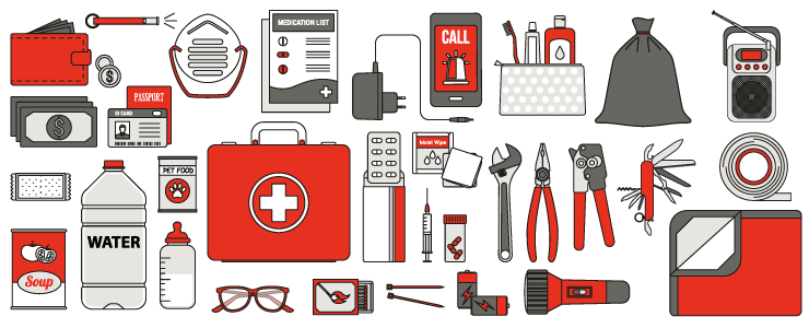 Emergency kit items including first aid, tools, water, and emergency blanket illustrated.