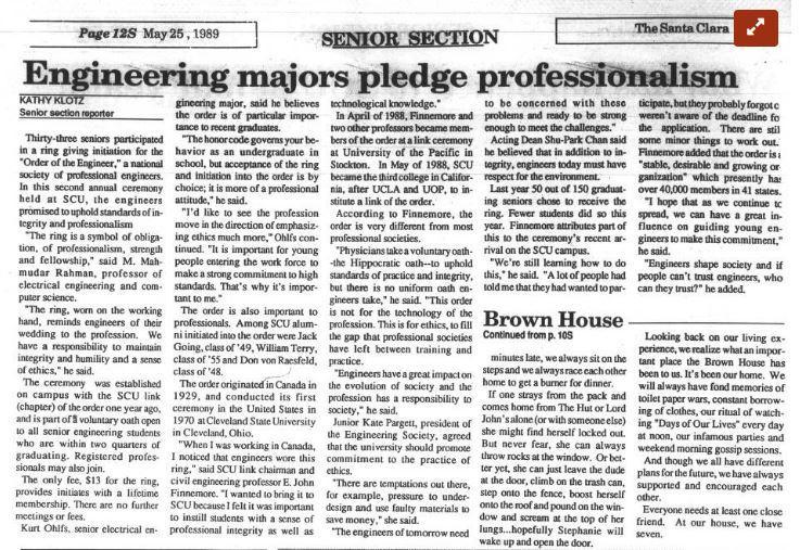 First published Order of the Engineer article in “The Santa Clara,” May 25, 1989. Photo courtesy of SCU Library Archives.