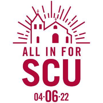 Day of Giving Logo reads All in for SCU 04-06-22 with illustration of Santa Clara Mission