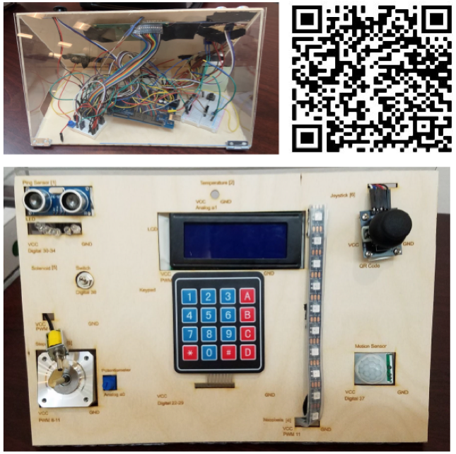 Top Left: Back of a clear box showing circuits and wires all connected inside a box.  Bottom: Control Panel of a box. Top left is two circular nobs, with a clear row of lights below it. In the top right is another circular nob that is black. In the middle of the board is a small rectangular LCD screen where right below it is a keypad. 