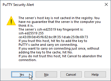 PuTTY Security Alert dialog box with a warning about the server's host key.