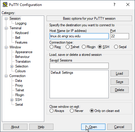 PuTTY SSH login configuration screen with options and text fields displayed.