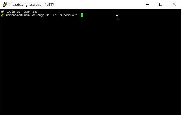 PuTTY SSH terminal screen showing server login prompt and successful connection.