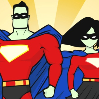 Male and female superheroes wearing masks and capes