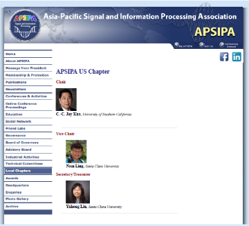 APSIPA U.S. Chapter webpage showing Vice Chair and Secretary/Treasurer contact details.