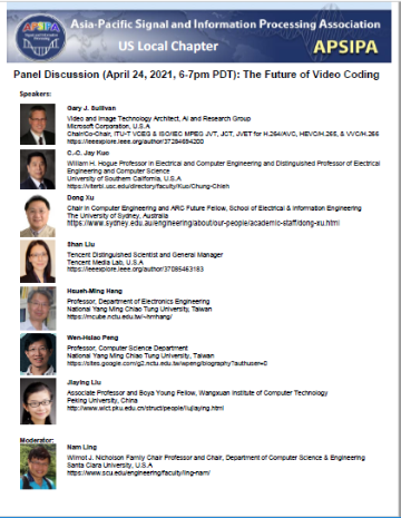 Panel on The Future of Video Coding event details with speaker photos and names.