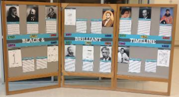 Black and Brilliant Timeline. A display of posters on a tripanel board that represents black engineers and inventors throughout history.