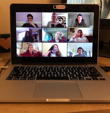 With spring break travel plans canceled, Engineers Without Borders travel team meets via Zoom to discuss potential summer travel. From left by row: Sam Broyles, Laura Doyle (faculty advisor), Ben Mahoney; Mia Gabriele, Megan Sauter, Simitrio Arellano; Tonya Nilsson (faculty advisor), Katie Neighbors, Aaron Juna image link to story