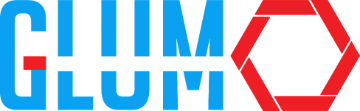 Text in blue and red stylized design reading GLUMO.
