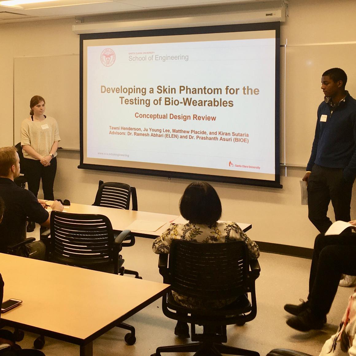 Electrical and computer engineering students present their project at a Senior Design Review Session
