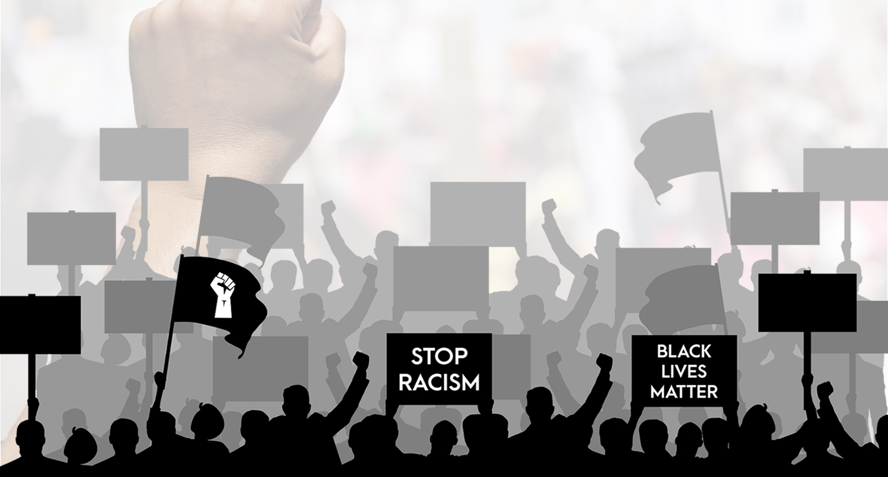 Silhouetted protesters with signs reading stop racism image link to story