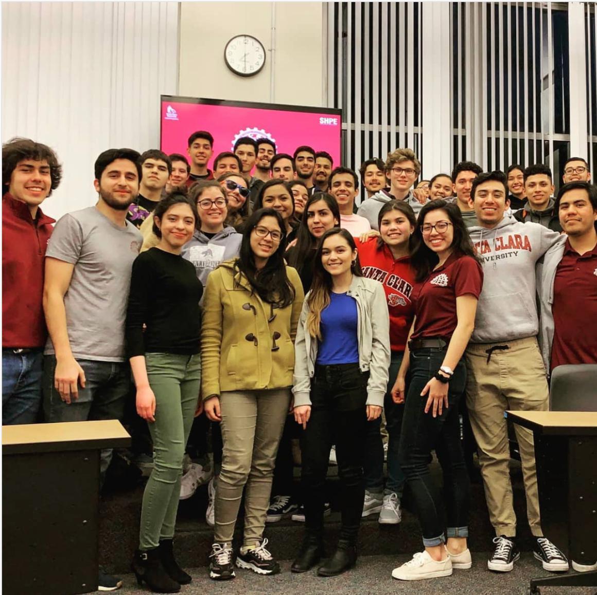 Members of the student chapter of Society of Hispanic Professional Engineers pose for a group photo