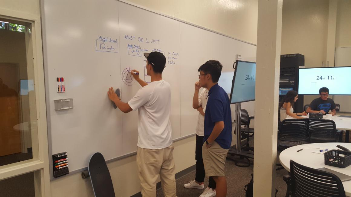 Students writing on a whiteboard in a classroom setting.