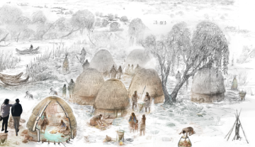 Two visitors exploring an artist's rendering of a traditional Ohlone village in augmented reality. Illustration by Eric S. Carlson image link to story