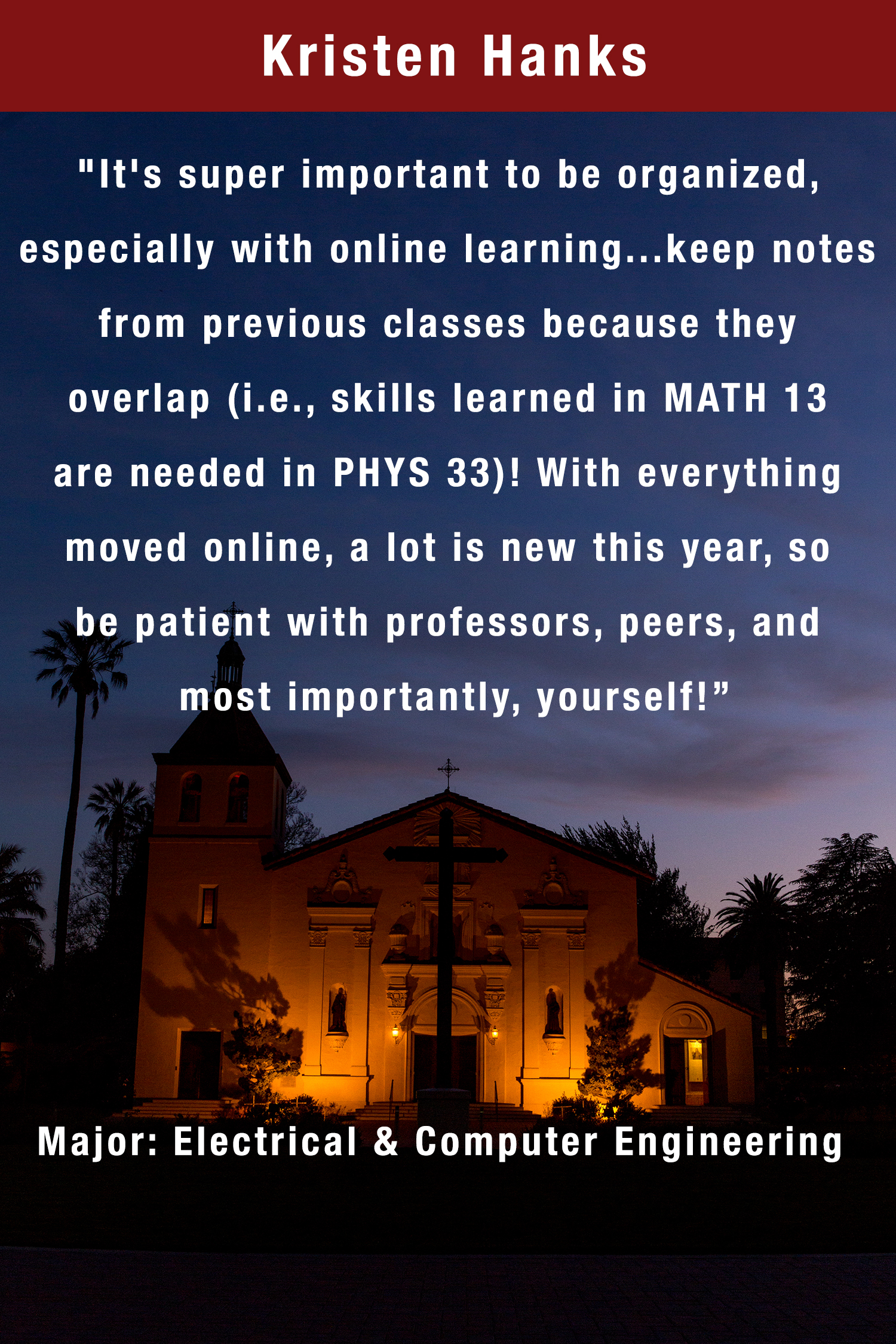 Text reads Kristen Hanks, with an image of a church illuminated at night.