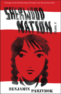 Sherwood Nation book cover showing a person's face in red, white text above.