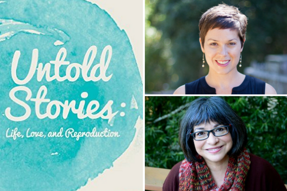 Split image with Untold Stories text on left and two women's portraits on the right.