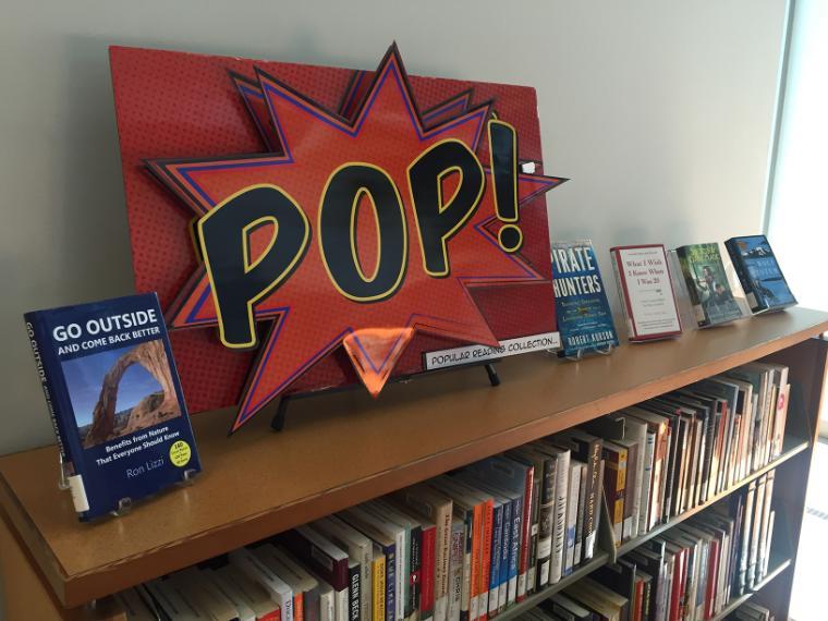 A red POP! artwork on a shelf with DVDs and collectibles.